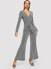 Surplice Neck Flare Hem Glitter Jumpsuit