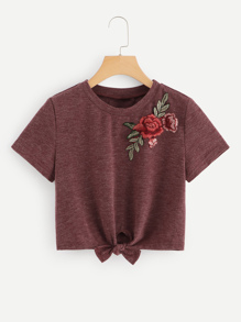 Flower Embroidered Knot Tee