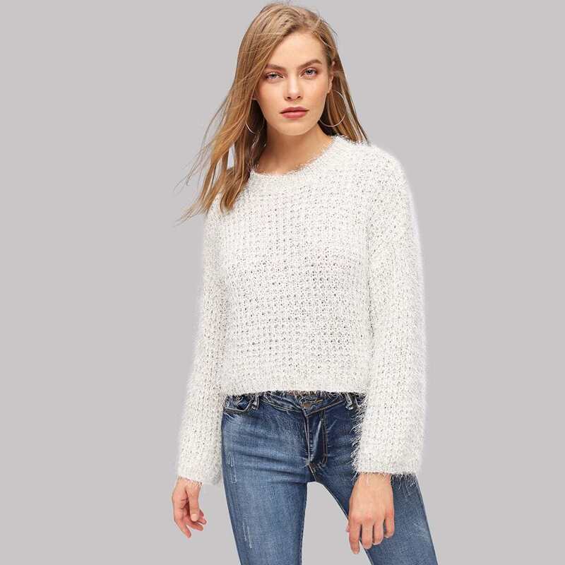 

Solid Eyelet Fuzzy Sweater, White