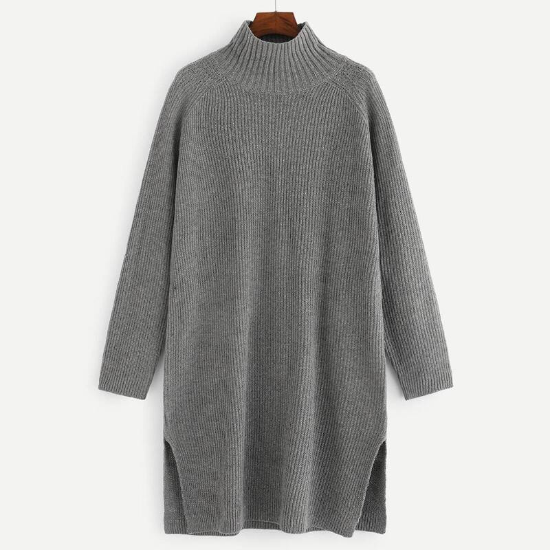 

Raglan Sleeve Slit Hem Knit Dress, Grey