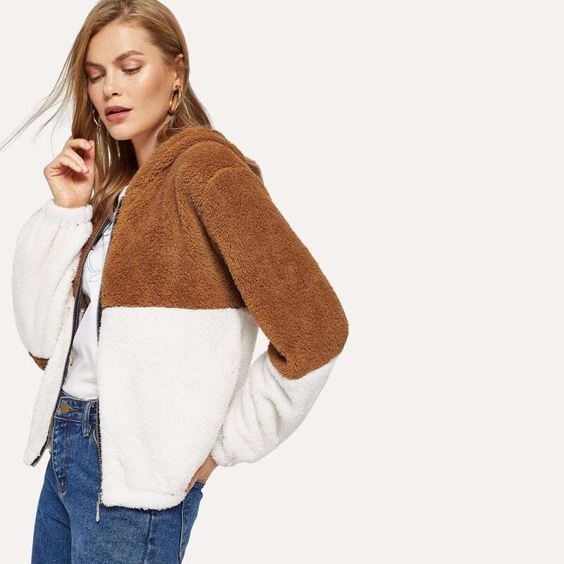 

Colorblock Hooded Teddy Jacket, Multicolor