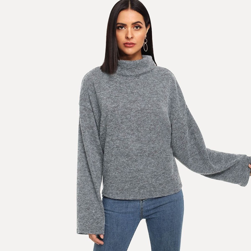

Drop Shoulder High Neck Sweater, Grey
