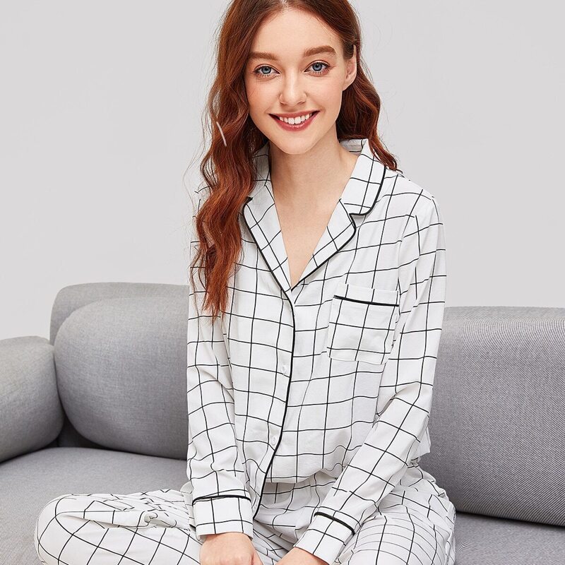 Plaid Shirt & Pants PJ Set, White