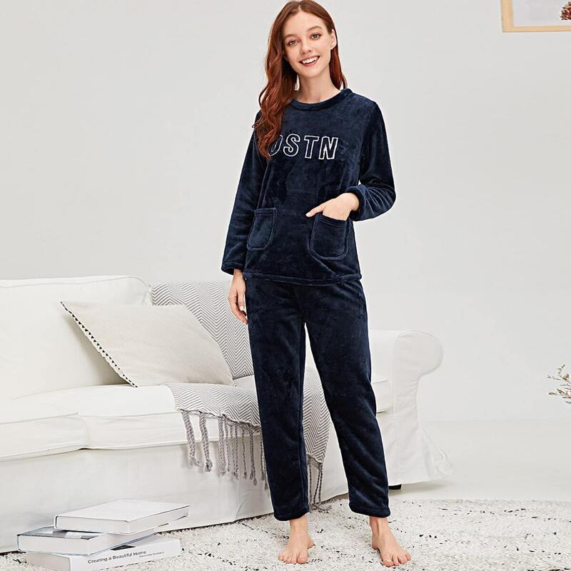 

Letter Embroidered Plush Pajama Set, Navy