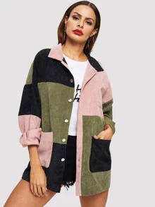 SHEIN Cut and Sew Pocket Front Corduroy Jacket - Multicolor - View 3