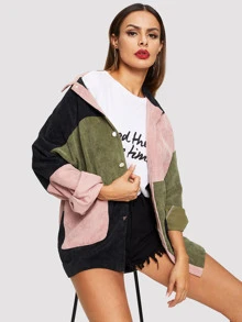 SHEIN Cut and Sew Pocket Front Corduroy Jacket - Multicolor - View 1