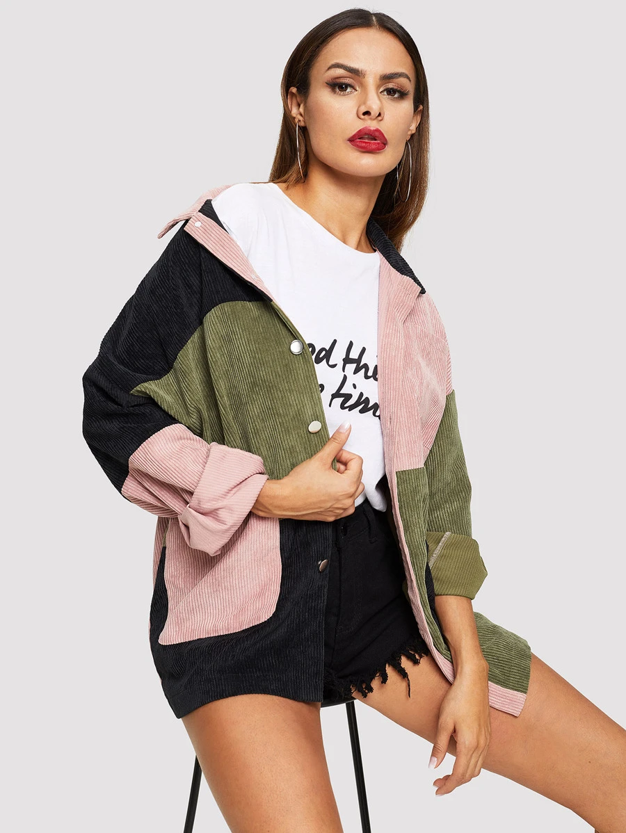 SHEIN Cut and Sew Pocket Front Corduroy Jacket - Multicolor - View 1