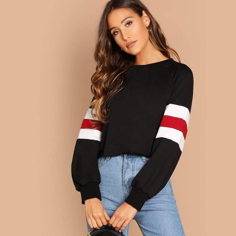 

Color-Block Raglan Sleeve Pullover, Black