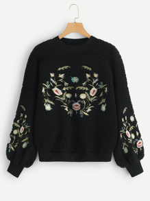 Flower Embroidery Teddy Pullover