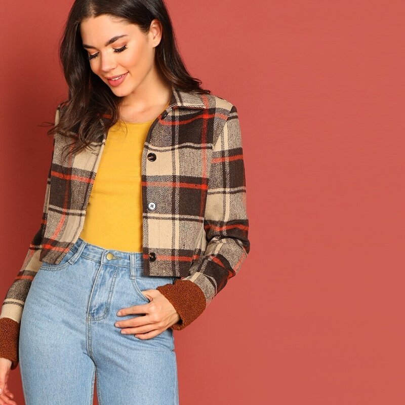 

Button Up Plaid Crop Jacket, Multicolor