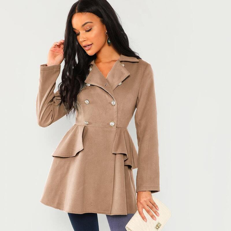

Double Breasted Ruffle Solid Coat, Khaki