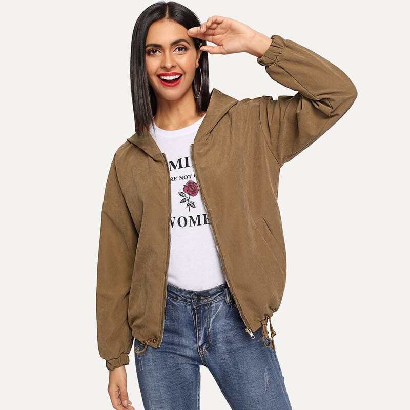 

Drawstring Hem Solid Hoodie Jacket, Camel