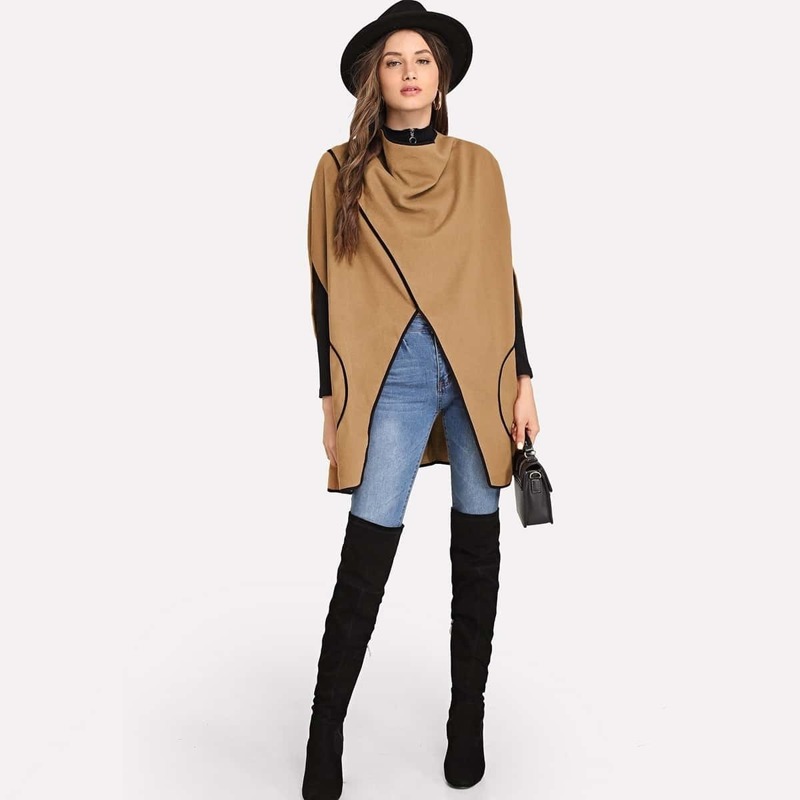 

Contrast Binding Wrap Poncho, Camel