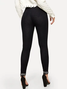 SHEIN Jeans ajustados rotos panel de leopardo - Negro - Ver 2