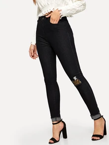 SHEIN Jeans ajustados rotos panel de leopardo - Negro - Ver 3