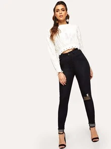 SHEIN Jeans ajustados rotos panel de leopardo - Negro - Ver 4