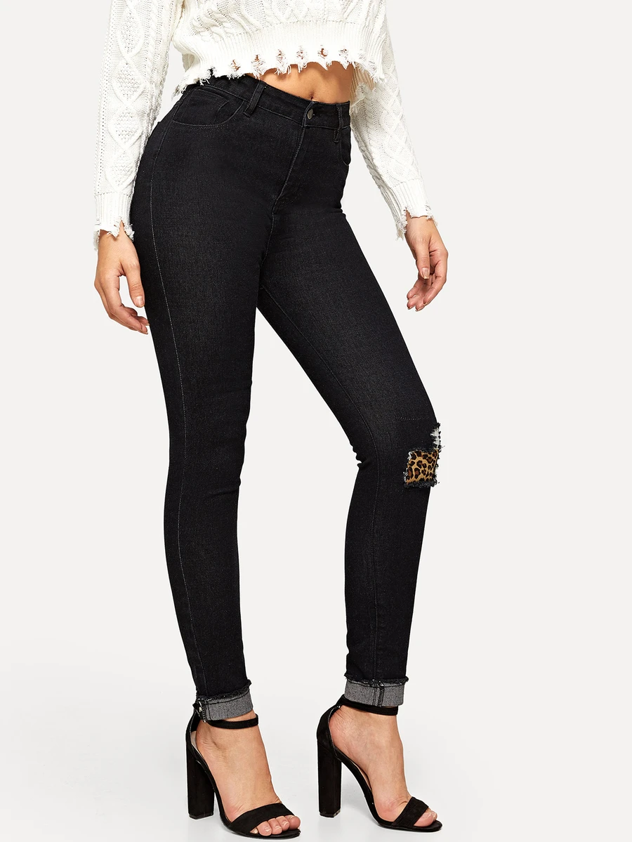 SHEIN Jeans ajustados rotos panel de leopardo - Negro - Ver 1