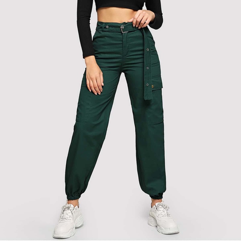 

Metal Grommet Belted Utility Pants, Dark green