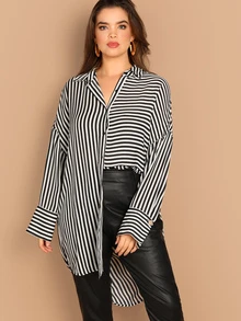 SHEIN Plus Drop Shoulder High Low Striped Shirt - Black and White - View 3