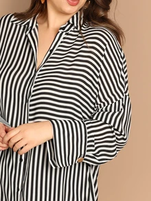 SHEIN Plus Drop Shoulder High Low Striped Shirt - Black and White - View 4
