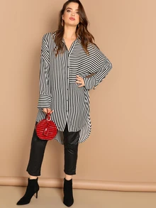 SHEIN Plus Drop Shoulder High Low Striped Shirt - Black and White - View 5