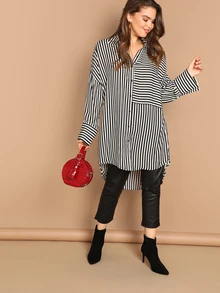 SHEIN Plus Drop Shoulder High Low Striped Shirt - Black and White - View 1