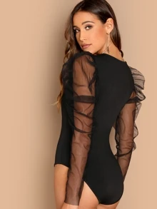 SHEIN Mesh Gigot Sleeve Bodysuit - Black - View 2