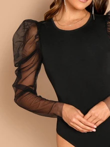 SHEIN Mesh Gigot Sleeve Bodysuit - Black - View 4