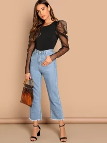 SHEIN Mesh Gigot Sleeve Bodysuit - Black - View 5