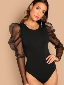 SHEIN Mesh Gigot Sleeve Bodysuit - Black - View 1