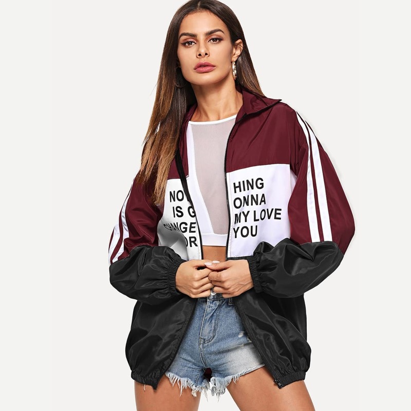 

Zip Up Color Block Letter Print Jacket, Multicolor