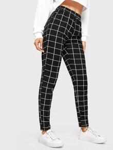 SHEIN Essnce Elastic Waist Slant Pocket Grid Trousers - Black - View 4