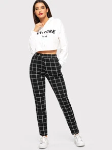 SHEIN Essnce Elastic Waist Slant Pocket Grid Trousers - Black - View 3