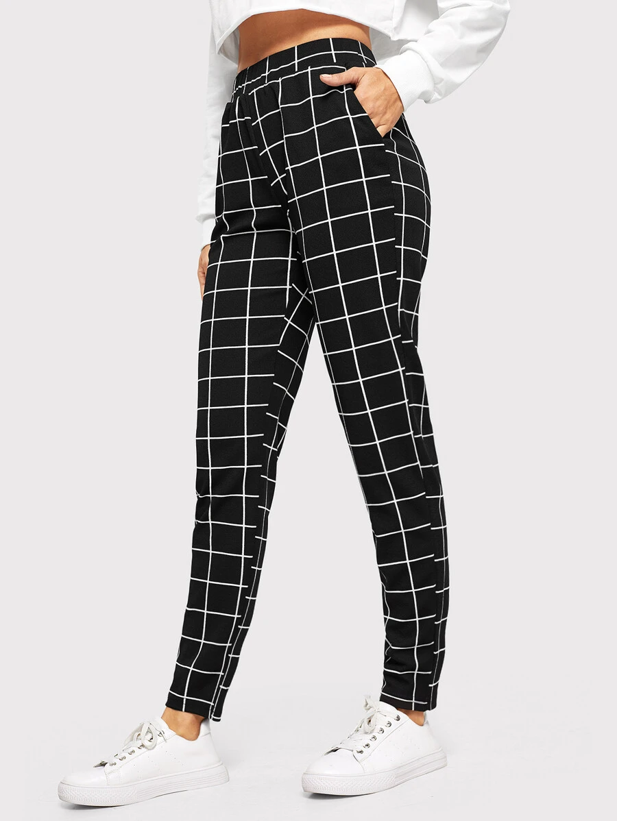 SHEIN Essnce Elastic Waist Slant Pocket Grid Trousers - Black - View 1