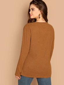 SHEIN Camiseta sólida tejida de canalé escote V-grande - Marrón - Ver 2