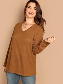 SHEIN Camiseta sólida tejida de canalé escote V-grande - Marrón - Ver 3