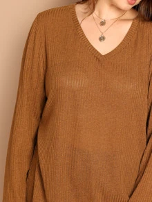 SHEIN Camiseta sólida tejida de canalé escote V-grande - Marrón - Ver 4