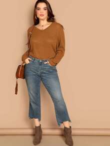 SHEIN Camiseta sólida tejida de canalé escote V-grande - Marrón - Ver 5