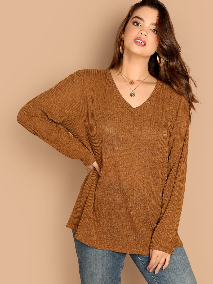 SHEIN Camiseta sólida tejida de canalé escote V-grande - Marrón - Ver 1