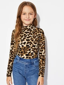 SHEIN Tween Girl Mock-Neck Leopard Tee - Multicolor - View 3