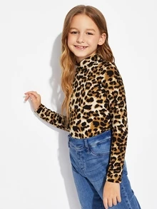 SHEIN Tween Girl Mock-Neck Leopard Tee - Multicolor - View 4