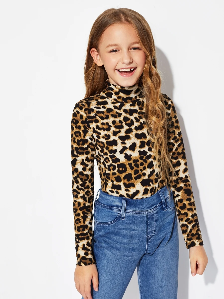 SHEIN Tween Girl Mock-Neck Leopard Tee - Multicolor - View 1
