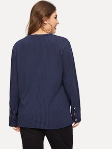 SHEIN Plus Solid Ribbed Knit Tee - Navy Blue - View 2