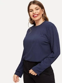 SHEIN Plus Solid Ribbed Knit Tee - Navy Blue - View 4