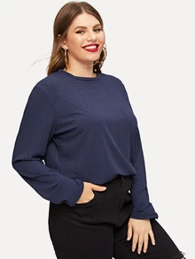 SHEIN Plus Solid Ribbed Knit Tee - Navy Blue - View 1