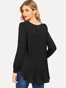 Pleated Back Dip Hem Blouse - Black - View 2