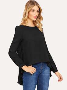 Pleated Back Dip Hem Blouse - Black - View 3