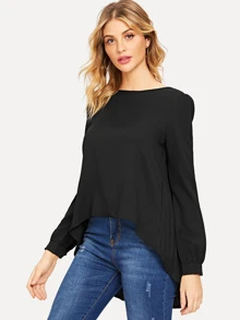 Pleated Back Dip Hem Blouse - Black - View 4
