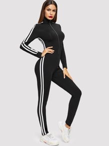 Zip Up Collar Striped Jumpsuit