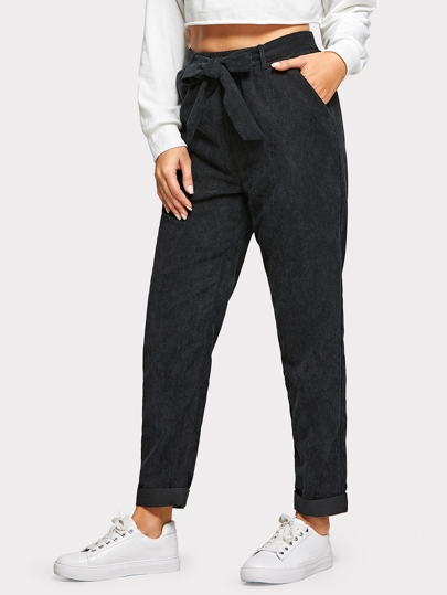 Solid Tie Waist Corduroy Pants pictures